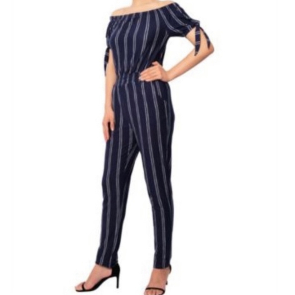 Derek Heart Women's 1X Navy Striped Off-Shoulder Jumpsuit
